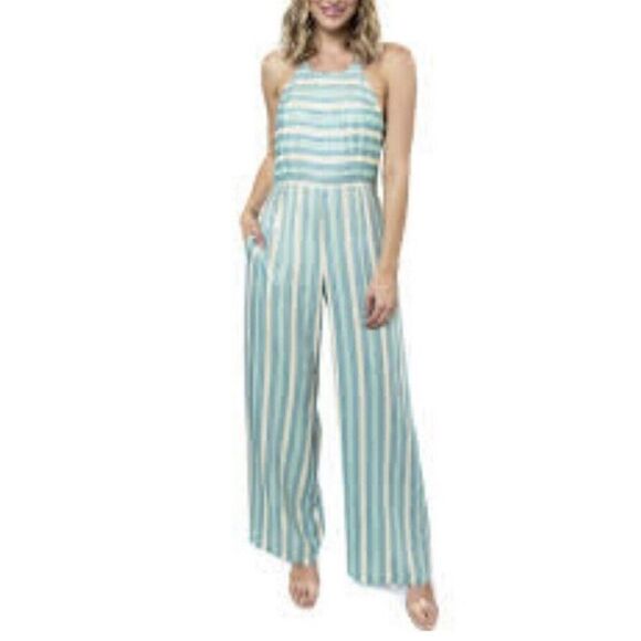 Julie Brown NYC Logan Stripe Halter Jumpsuit Roxy Wide Leg Sz 2 Blue White - Picture 1 of 5